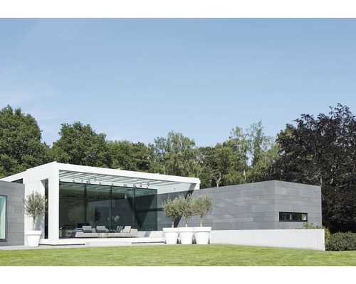 Modernt hus med glasfasad, terrass och trädgård