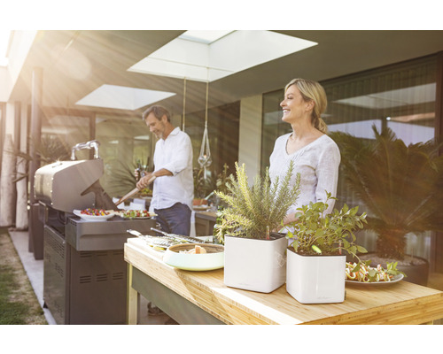 Utomhusscen med en man vid grillen, en kvinna, bord med växter och mat i en trädgård