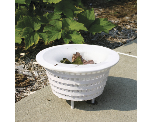 Vit poolskimmerkorg med löv på betonggolv