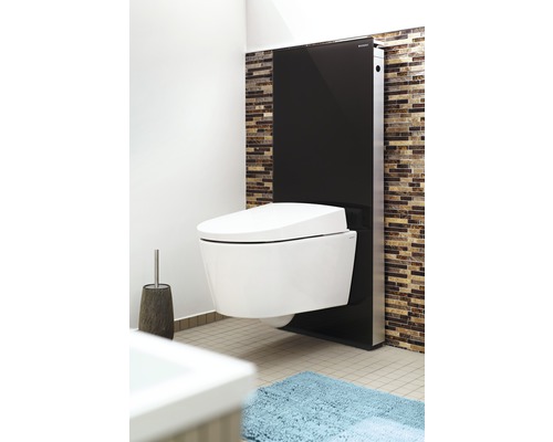 Badrum med vägghängd toalett och installationselement