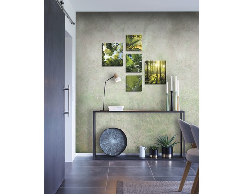 Dekorativ interiör med konsolbord, ett urval växter och en fotosamling med naturtema.