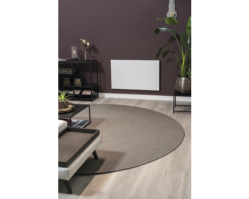 Vardagsrum med värmepanel på väggen, matta och möbler.