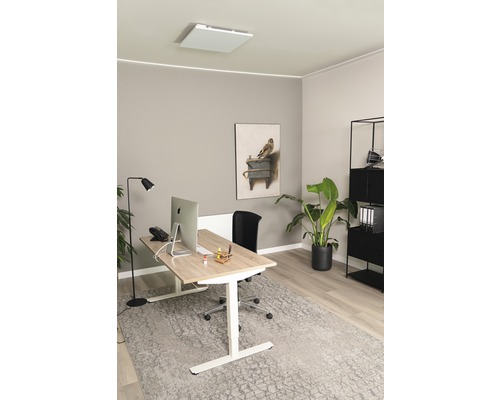 Modernt kontor med höj- och sänkbart skrivbord, takvärme och krukväxt