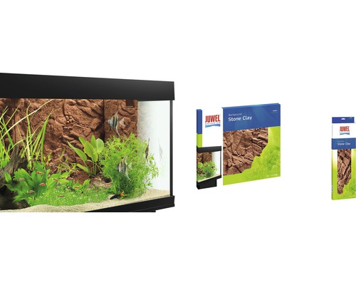 Dekorativt akvarium med Juwel Stone Clay bakgrund och produktförpackning