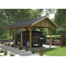 Carport med uppfart och parkerad bil.