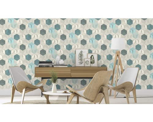 Vardagsrum med en väggbeklädnad med ett geometriskt kubmönster