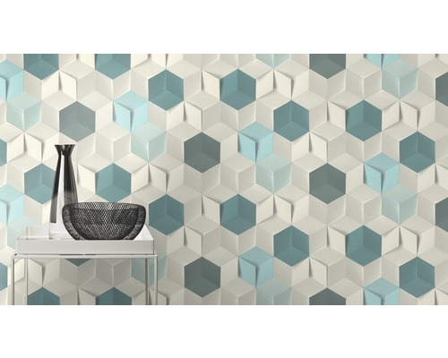 Väggdekoration med tredimensionella plattor i ett geometriskt mönster