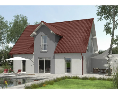 Hus med takpannor, terrass, trädgård och pool