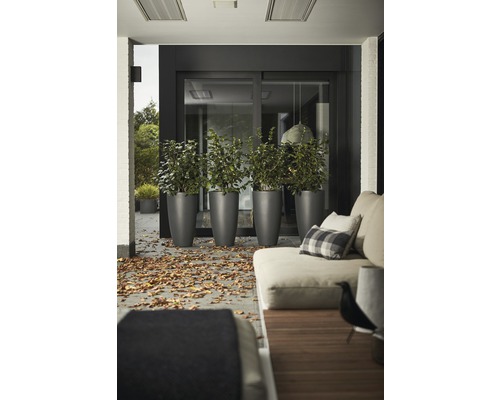 Terrass med planteringskärl och sittplatser utomhus