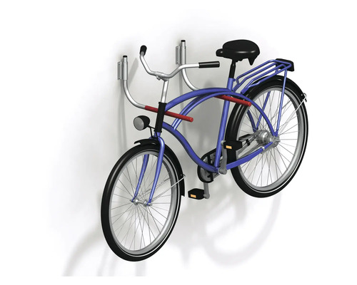 Blå cykel på ett väggfäste för cyklar