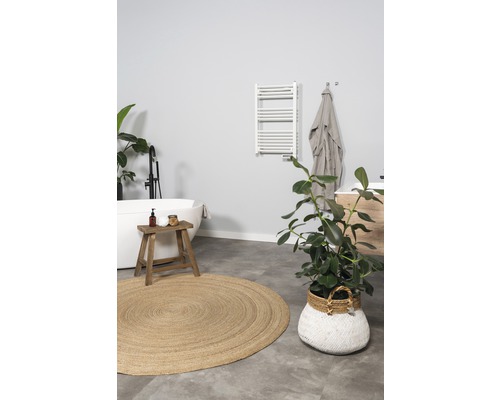 Badrum med badkar, handdukstork, rund matta och krukväxter