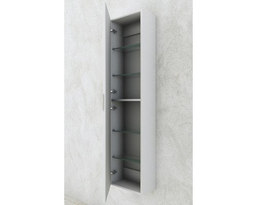 Öppet badrumsskåp med glashyllor för väggmontering