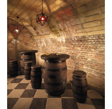 Bar i källare med tunnor som bord och stolar och geometriska hänglampor