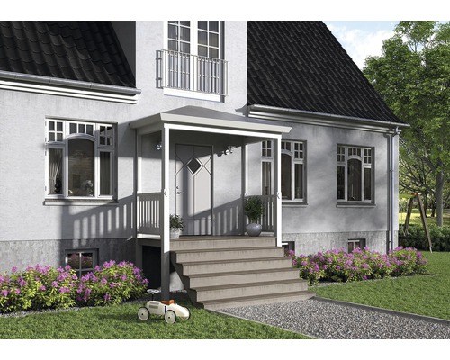 Husfasad med entrétak, trappa och trädgård