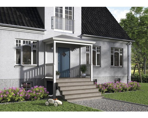 Husfasad med entrétak, trappa och blomsterrabatt