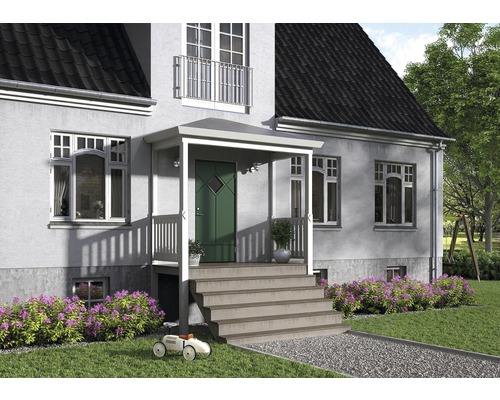 Husfasad med tak, trappa och trädgård