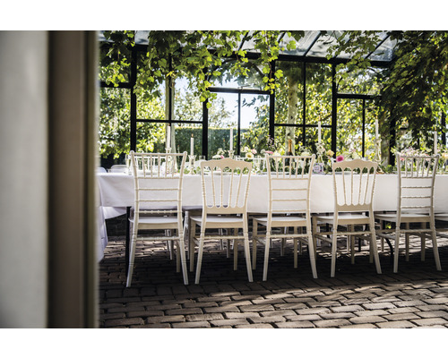 Dukat bord med stolar i en vinterträdgård