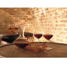 Vindekanter och vinglas på träfat i vinkällare