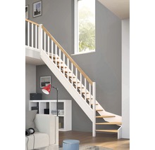 Rumsöversikt med en trappa med trätrappsteg och vitt räcke