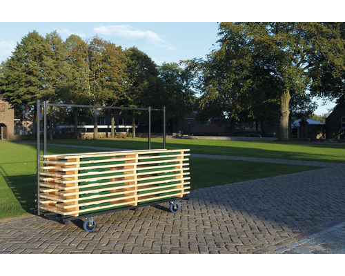 Transportvagn med träpaneler för byggmaterial