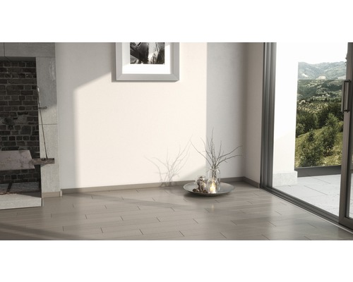 Ljust rum med trägolv, tavla på väggen och altandörr