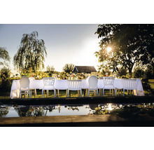 Festligt dukat matbord med vita stolar i trädgården