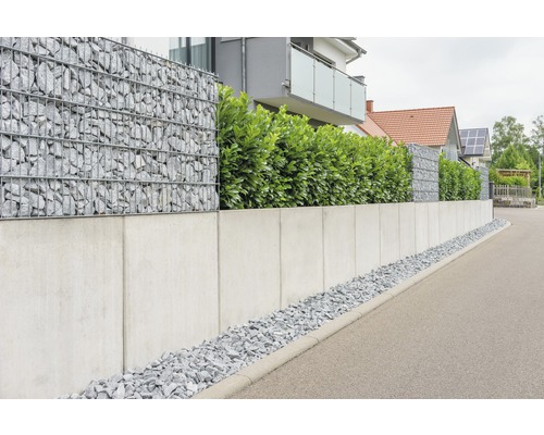 Gabionmur med stenar och betongmur som fastighetsgräns.