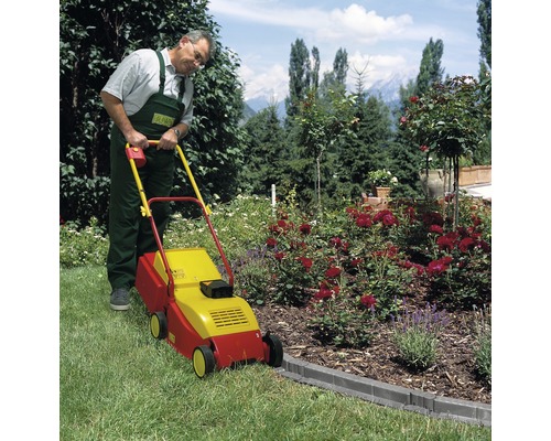 En man använder en gräsklippare i en trädgård med blomsterrabatter.