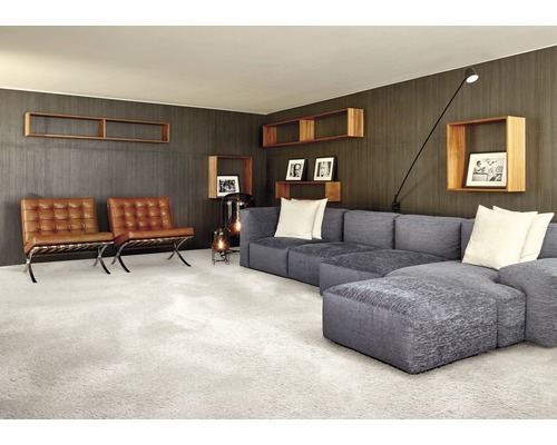 Vardagsrum med soffa, fåtöljer, hyllor och matta för en mysig atmosfär