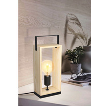 Bordslampa i trä med svart metallhandtag och glödlampa