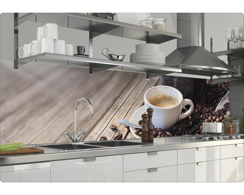 Köksscen med diskho, spishäll, köksfläkt, hyllor och kaffemotiv