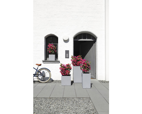 Scen med tre grå planteringskärl och blommor framför en vit husvägg