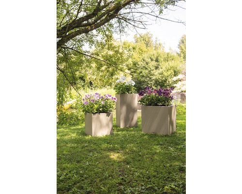 Tre planterade, kubiska blomlådor i trädgården.