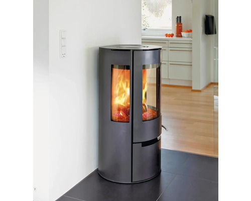 Braskamin med glasfönster och brinnande ved i ett vardagsrum.