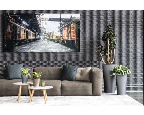 Vardagsrum med soffa, soffbord, krukväxter och en inramad bild av tågvagnar