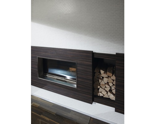 Modern öppen spis med vedfack och ved