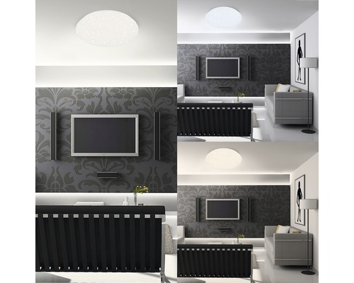 Modernt vardagsrum med taklampa, TV-vägg och soffa.