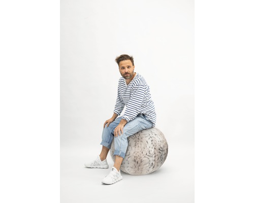 Man sitter på en sittboll med pälsmönster