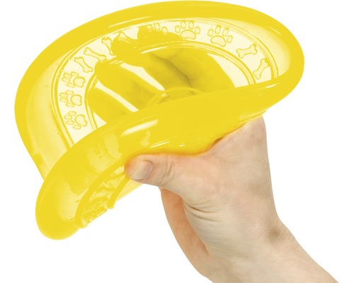 Gul hundfrisbee med ben- och tassavtrycksmönster