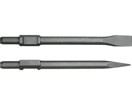 Två mejseltillsatser, en platt, en spetsig, för en rivningshammare