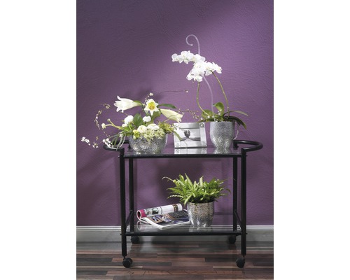 Serveringsvagn med blomsterarrangemang och krukväxter på två nivåer framför en vägg