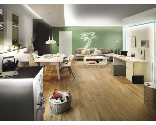 Ljust vardagsrum med matbord, soffa, skrivbord och trägolv