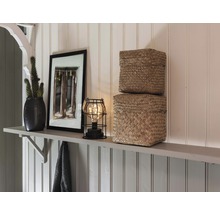 Dekorativ scen med växt, bild, lampa och två korgar på en hylla