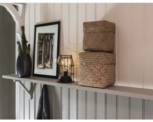 Dekorativ scen med växt, bild, lampa och två korgar på en hylla