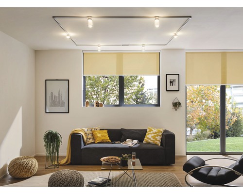 Vardagsrum med soffa, rullgardiner och rektangulär taklampa