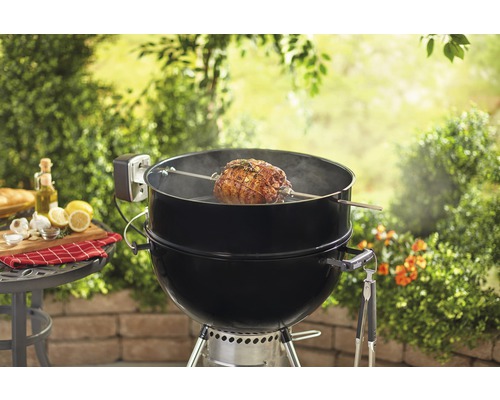 Klotgrill med stek på ett spett och tillbehör på ett bord