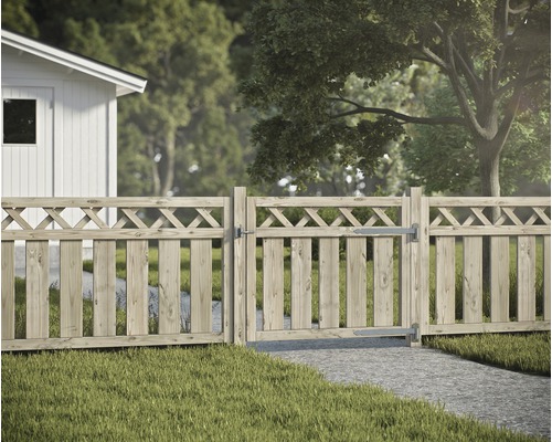 Trädgårdsstaket av trä med grind och rombmönster