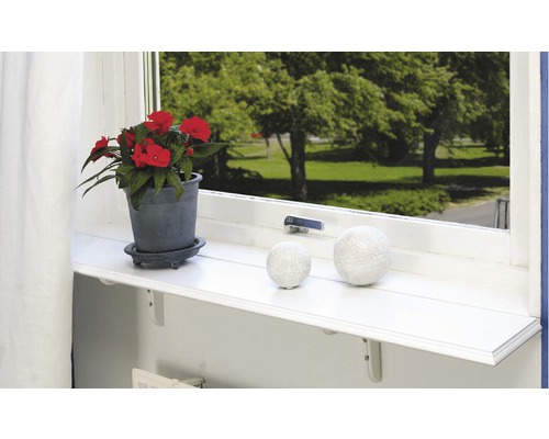 Fönster med blommor, dekorativa klot och utsikt över grönområden