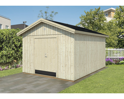 Förråd PALMAKO Martin inkl. golv & trampskydd 18m² (13,6m²) 330x452cm obehandlad Trädgårdshus i trä med sadeltak och en dörr