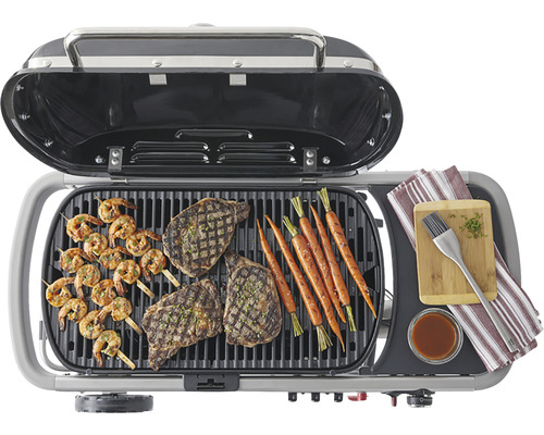 Öppen grill med biffar, räkspett och morötter